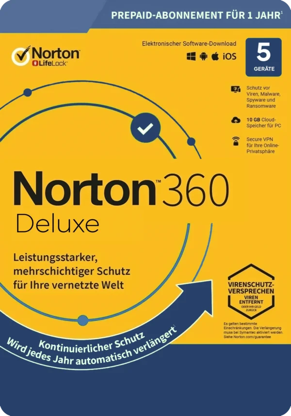 Norton 360 Deluxe, 50 Go Sauvegarde Cloud - 5 Appareils 1 An